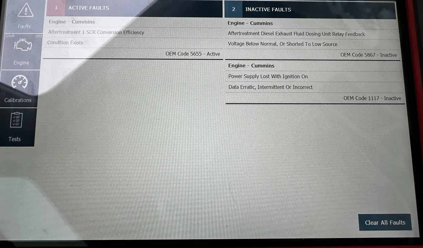 A scan tool screen listing one active fault, Aftertreatment 1 SCR Conversion Efficiency, OEM Code 5655, beside two inactive faults