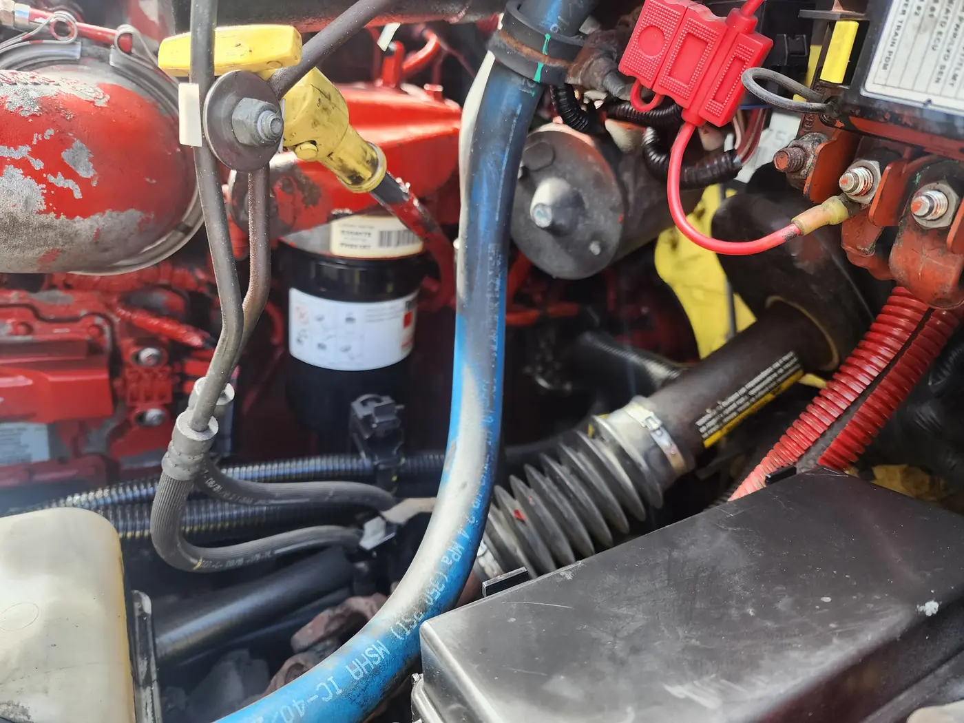 Engine compartment with fuel-system components, hoses and a filter visible