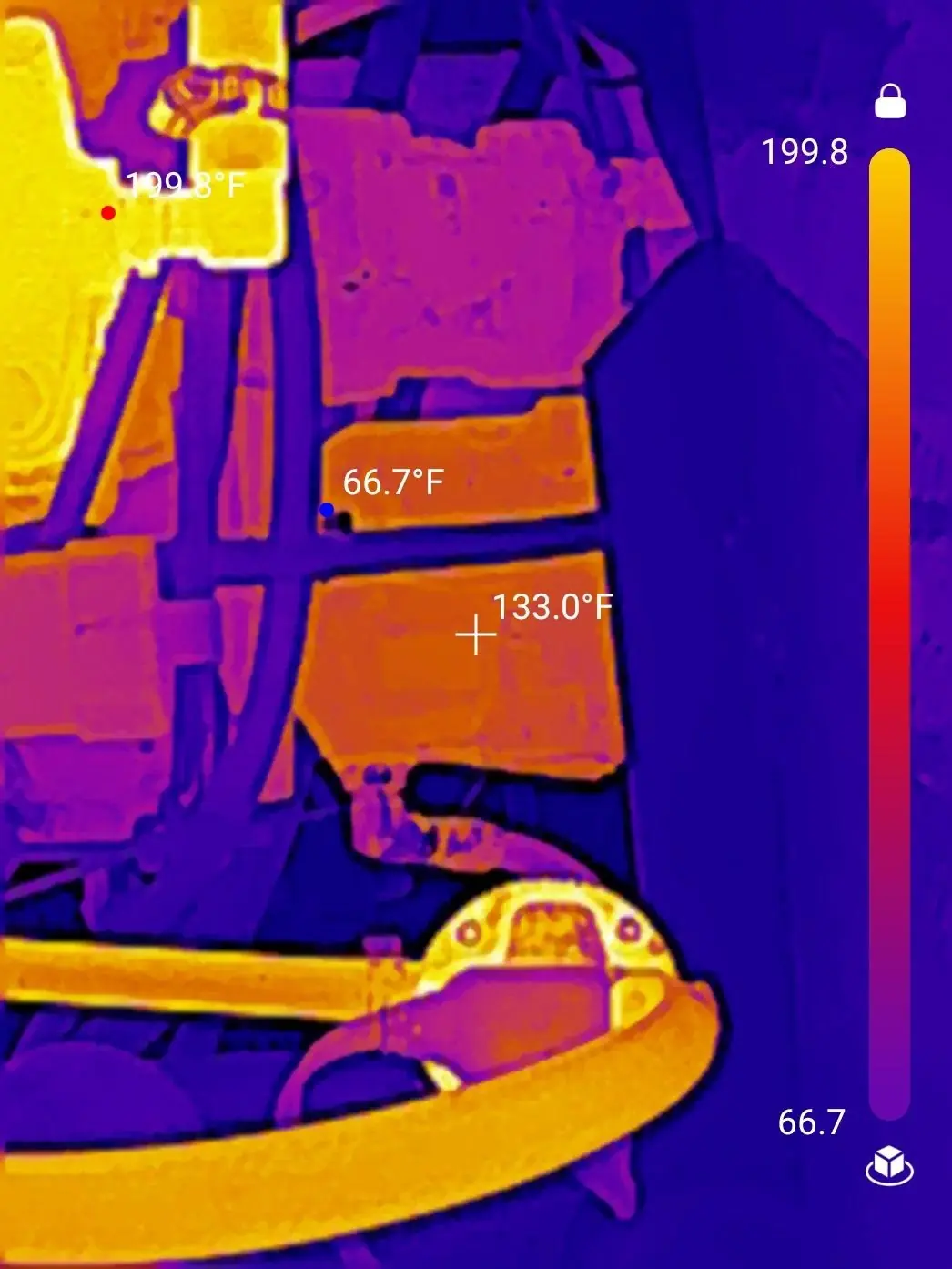 Thermal-camera view of machinery with on-screen spot readings of 199.8°F, 133.0°F and 66.7°F