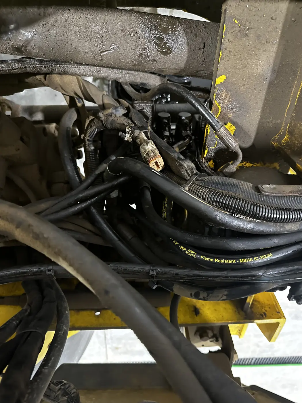 Hydraulic hoses, hard lines and wiring packed together around the loader articulation area