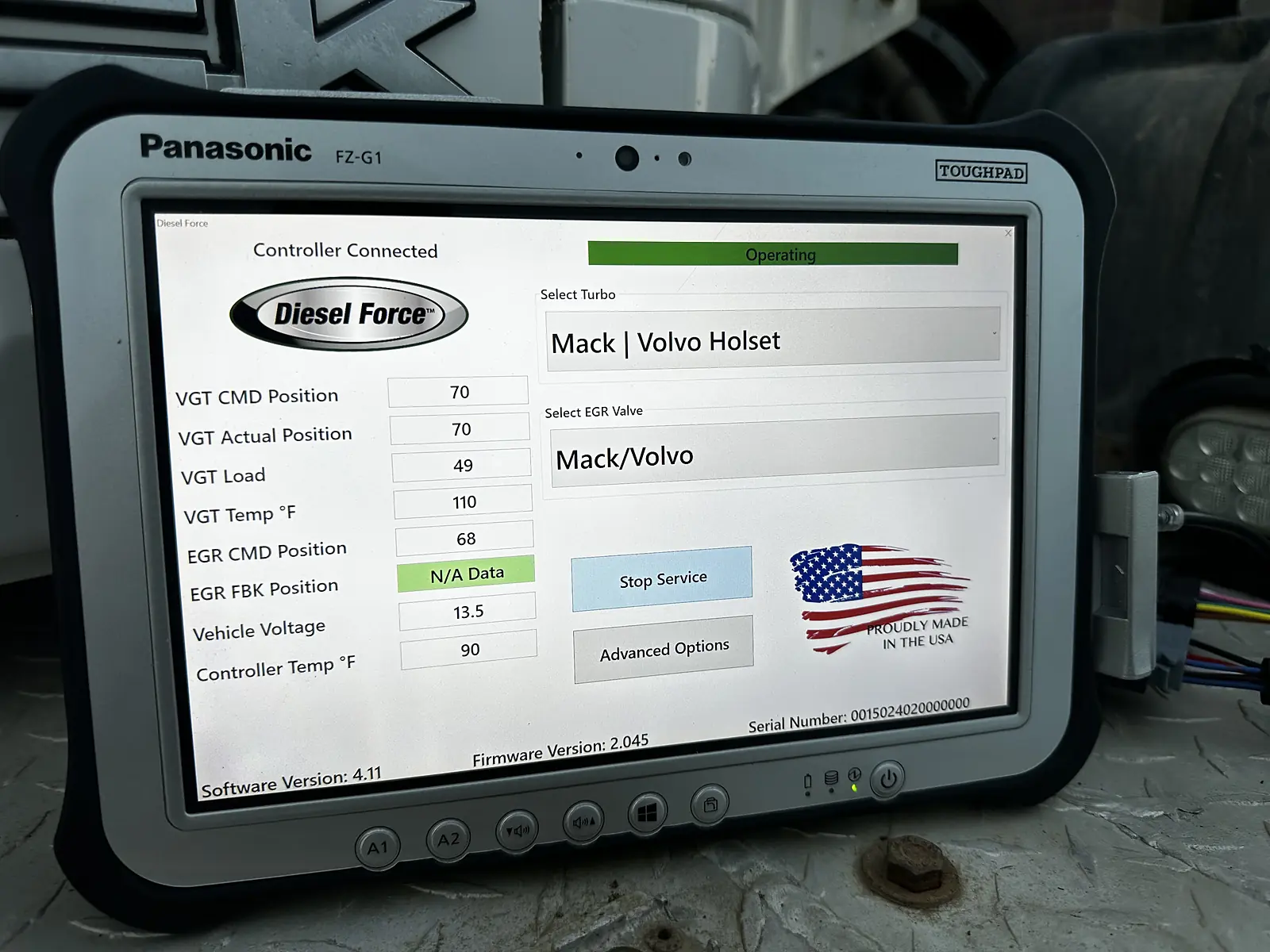 Diesel Force controller connected to a Mack and Volvo turbo and EGR valve, showing VGT command and actual position